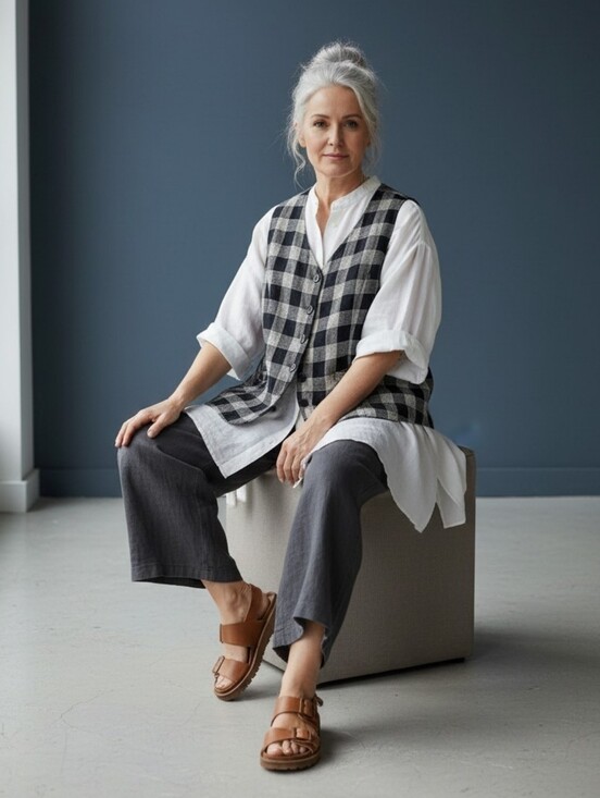 Flax Tops - FLAX Oversized Linen Vest Black Taupe Plaid Medium